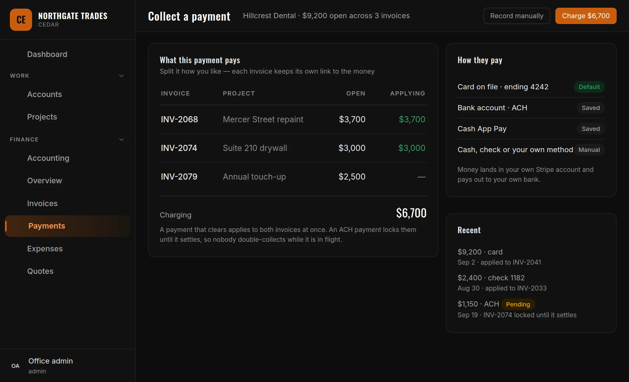 Collecting a payment in Cedar: three open invoices with the amount being applied to each, the total being charged, the customer's saved payment methods, and recent payments including a pending bank payment.