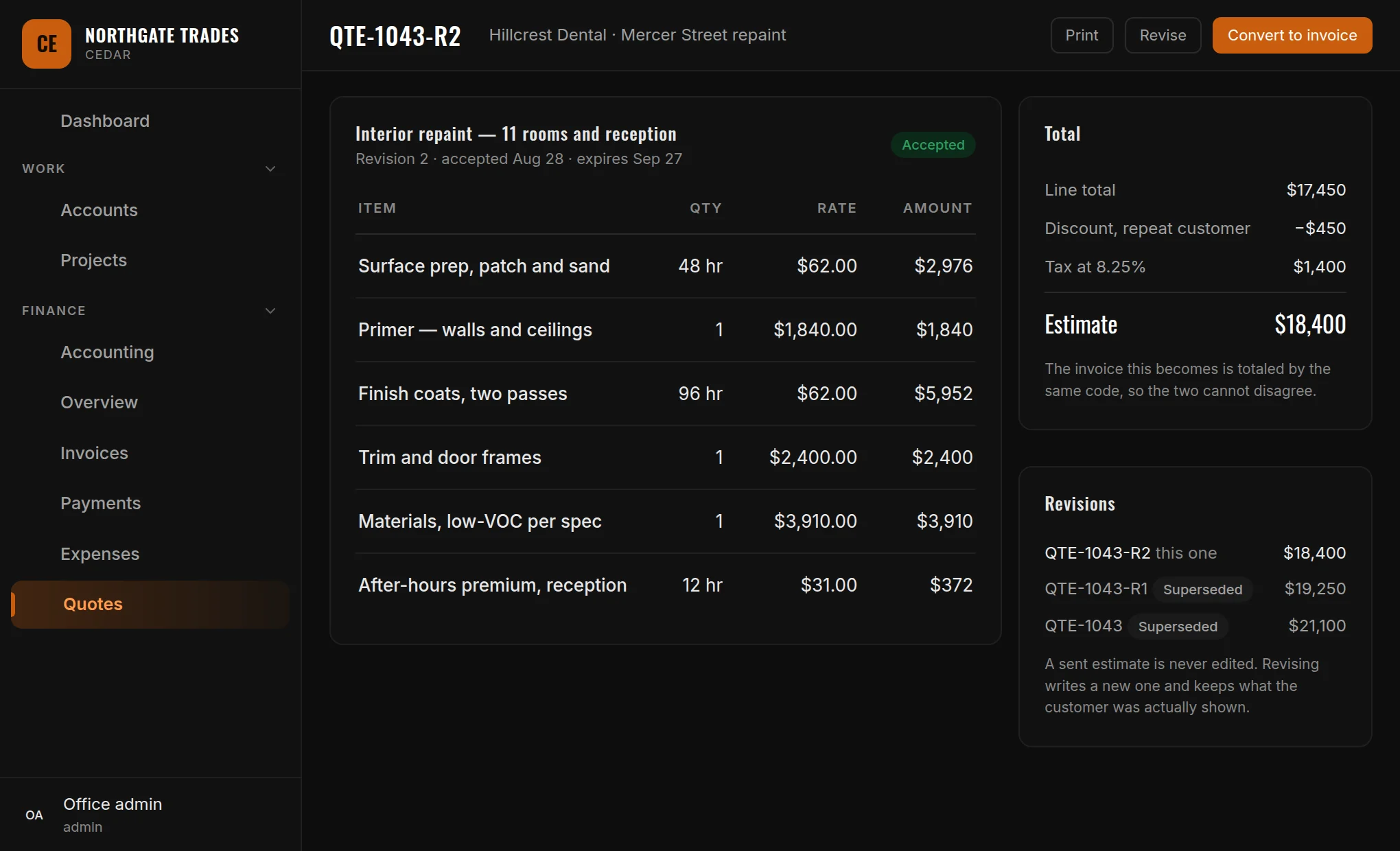 A Cedar estimate: line items with quantities and rates, a totals panel showing the line total, discount, tax and the estimate figure, and a revisions panel listing the two superseded versions.