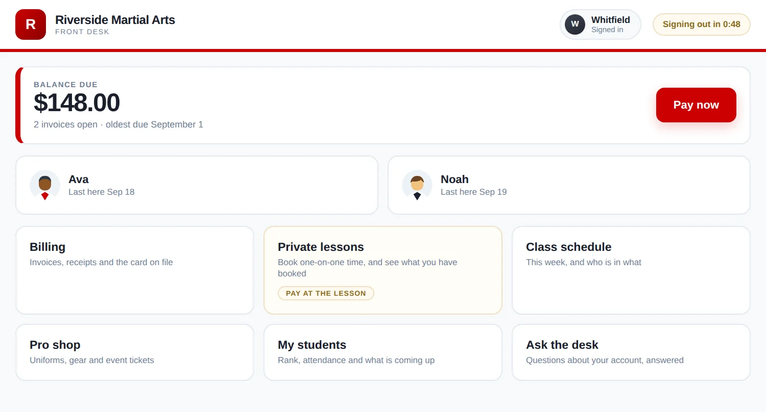 The front desk screen: a family's balance due with a Pay now button, their two students, and tiles for billing, private lessons, the class schedule, the pro shop, students and the assistant.