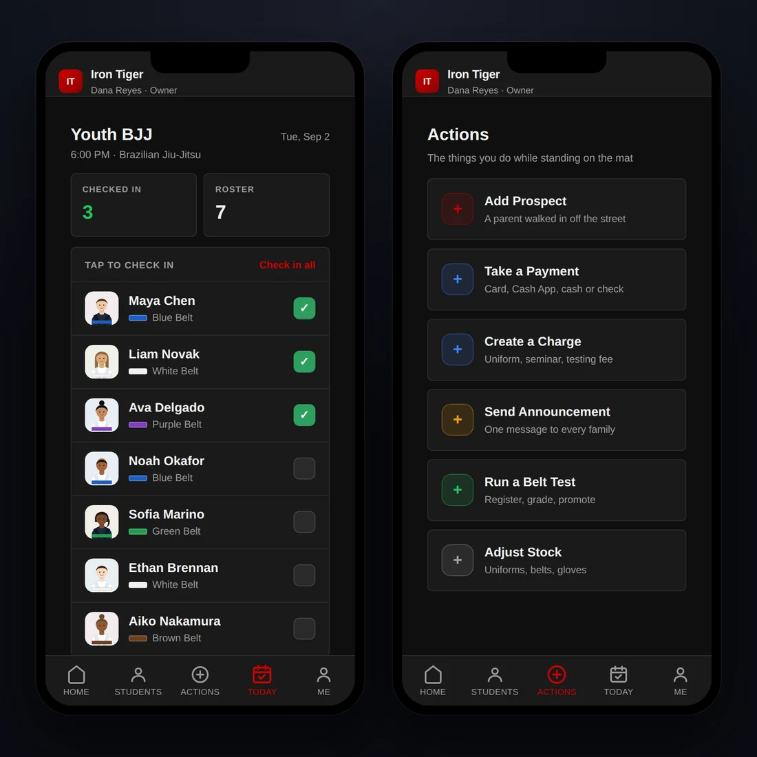 Two phones showing the Axion Dojo staff app: tonight's class roster with tap-to-check-in, and the Actions screen for adding a prospect, taking a payment or sending an announcement.