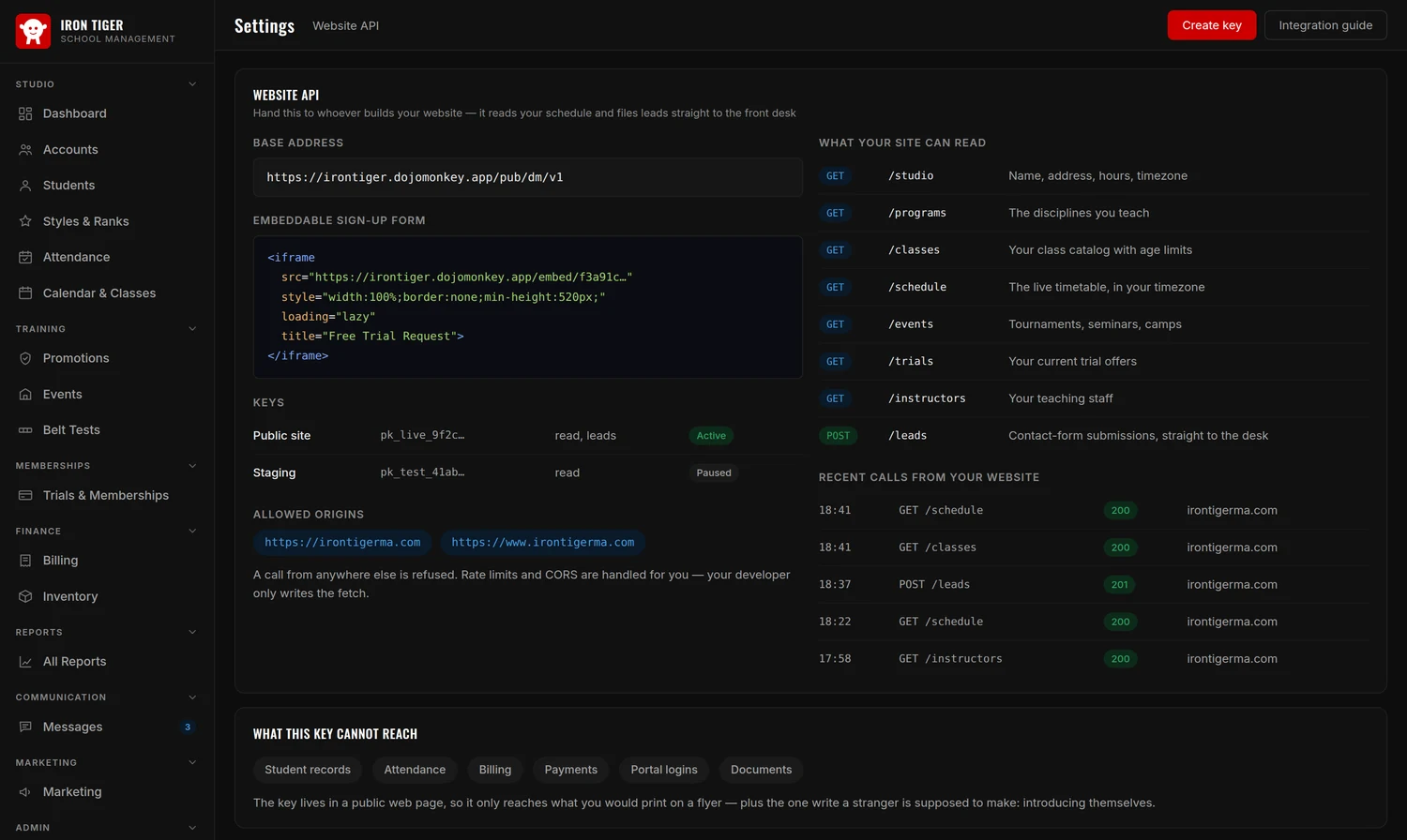 The Website API settings: base address, an embeddable sign-up form snippet, API keys with allowed origins, the endpoints a website can read, and a log of recent calls.