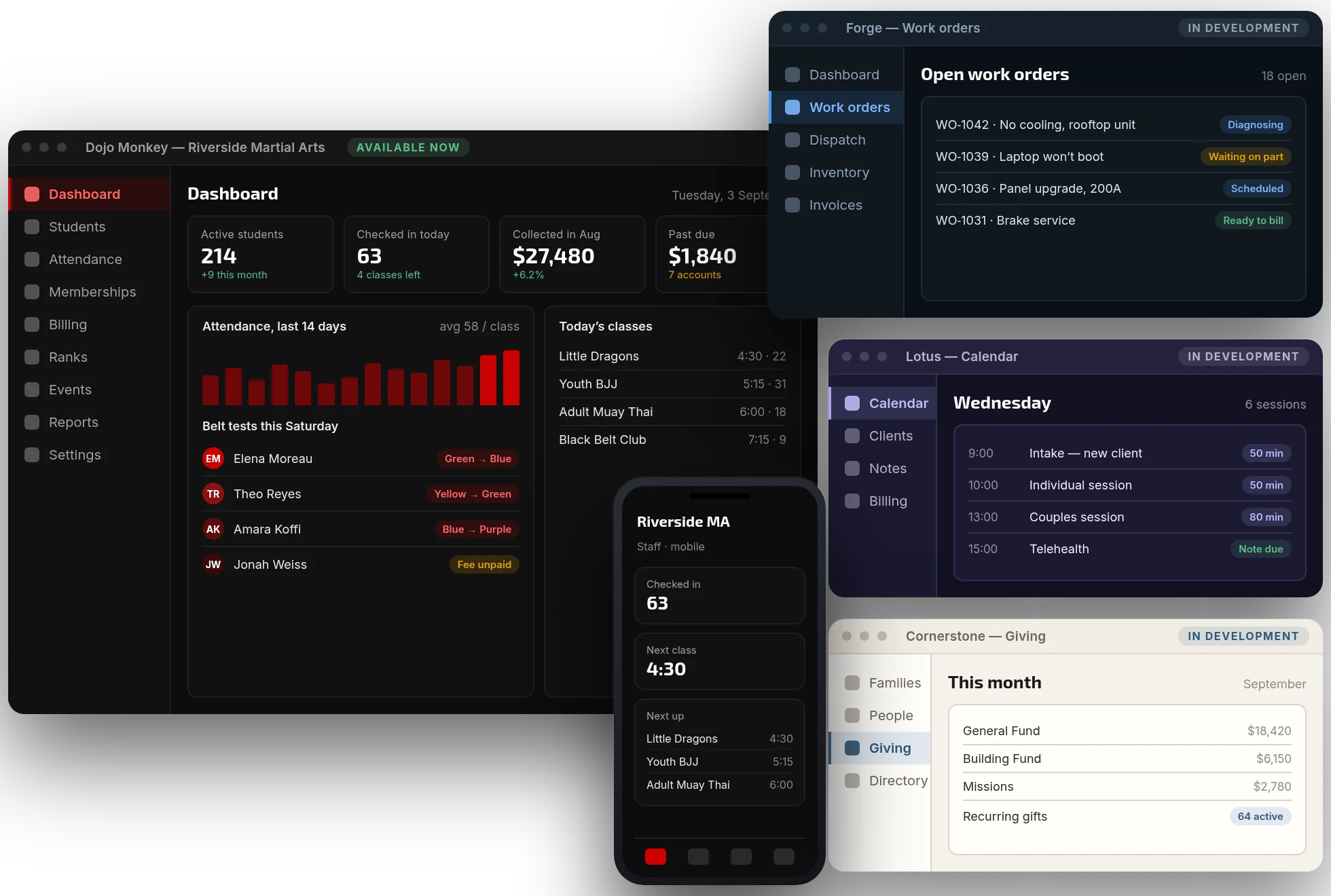 Axion product surfaces side by side: the Axion Dojo studio dashboard and its staff phone view, the Forge work-order list, the Lotus appointment calendar, and Cornerstone's giving summary.